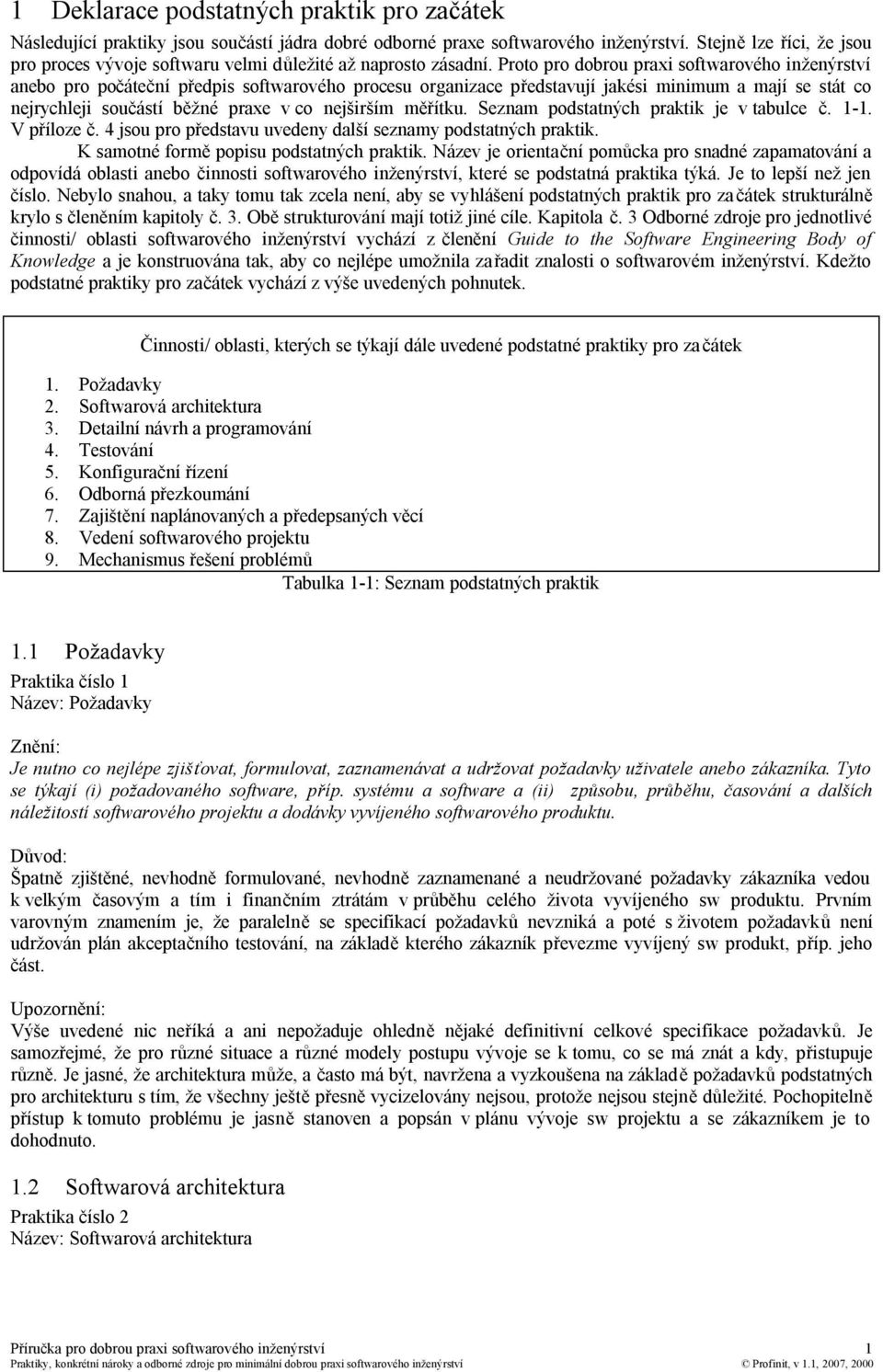 Proto pro dobrou praxi softwarového inženýrství anebo pro počáteční předpis softwarového procesu organizace představují jakési minimum a mají se stát co nejrychleji součástí běžné praxe v co