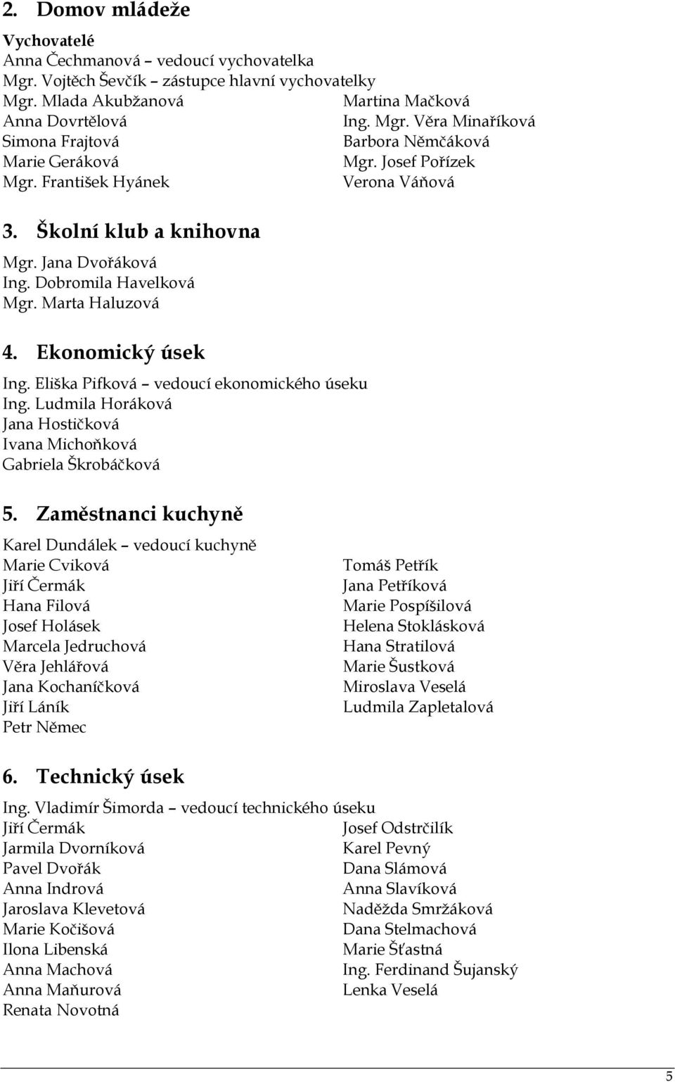 Ludmila Horáková Jana Hostičková Ivana Michoňková Gabriela Škrobáčková Martina Mačková Ing. Mgr. Věra Minaříková Barbora Němčáková Mgr. Josef Pořízek Verona Váňová 5.