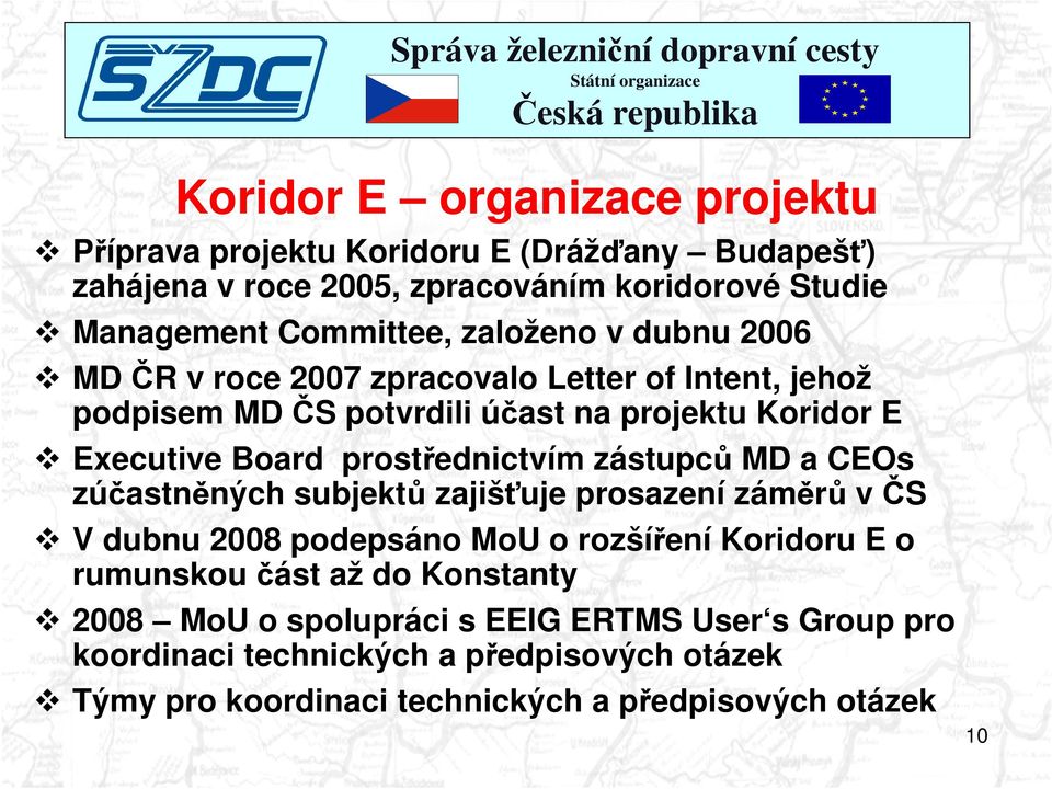 prostřednictvím zástupců MD a CEOs zúčastněných subjektů zajišťuje prosazení záměrů v ČS V dubnu 2008 podepsáno MoU o rozšíření Koridoru E o rumunskou část