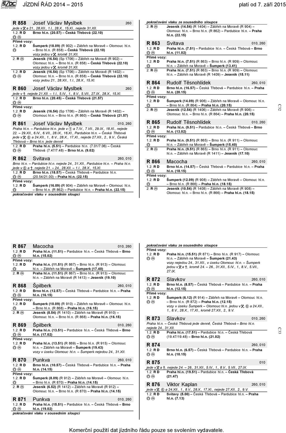 n. Brno hl.n. (R 858) Česká Třebová (22.10) vozy jedou 21., 28.XII., 1.I., 28.X., 15.XI. R 860 Josef Václav Myslbek 260 jede v, nejede 21.XII. 1.I., 5.IV., 1., 8.V., 5.VII., 27.IX., 28.X., 15.XI. Brno hl.n. (20.