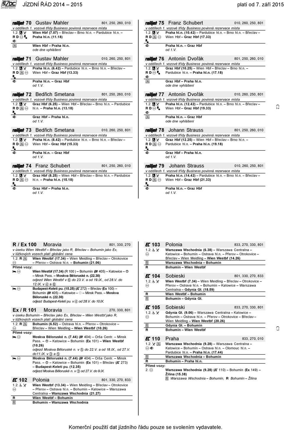 33) Praha hl.n. Graz Hbf od 1.V. 76 Antonín Dvořák 801, 250, 260, 010 Graz Hbf (10.25) Wien Hbf Břeclav Brno hl.n. Pardubice hl.n. Praha hl.n. (17.18) Graz Hbf Praha hl.n. ode dne vyhlášení 72 Bedřich Smetana 801, 250, 260, 010 Graz Hbf (6.