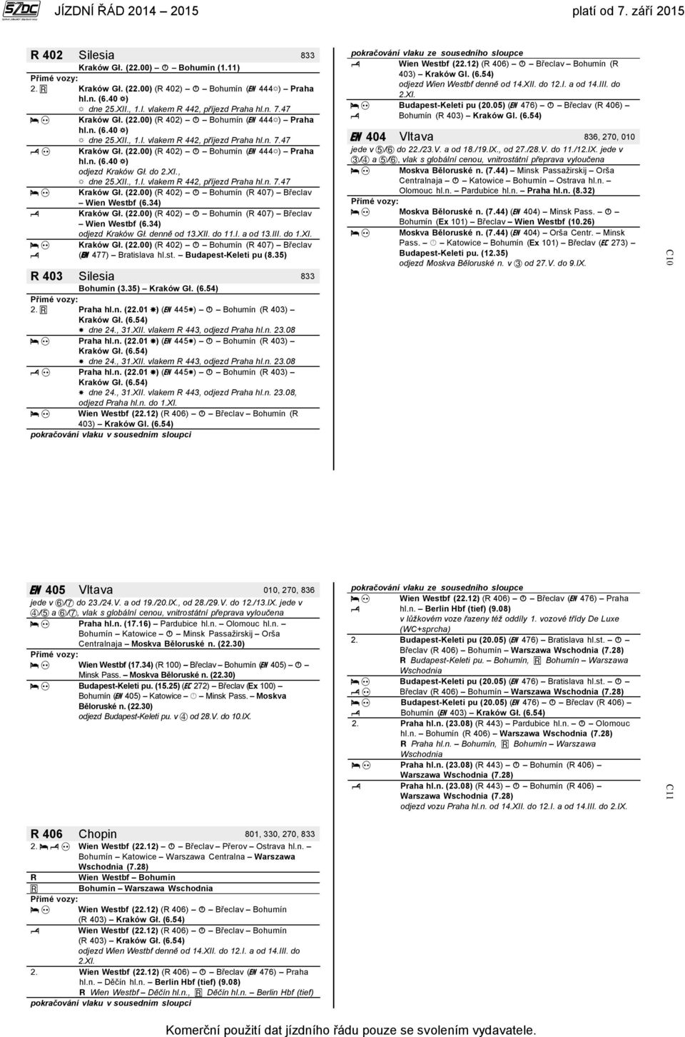denně od 13.XII. do 11.I. a od 13.III. do 1.XI. Kraków Gł. (22.00) (R 402) Bohumín (R 407) Břeclav ( 477) Bratislava hl.st. Budapest-Keleti pu (8.35) R 403 Silesia 833 Bohumín (3.35) Kraków Gł. (6.
