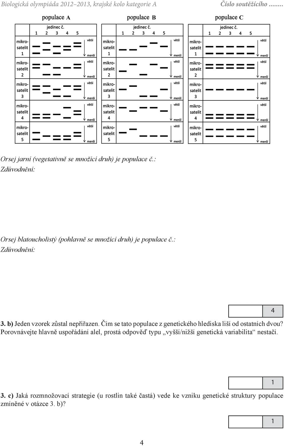 b) Jeden vzorek zůstal nepřiřazen. Čím se tato populace z genetického hlediska liší od ostatních dvou?