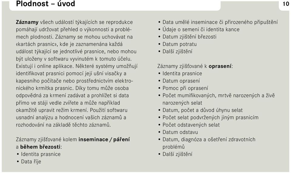 Existují i online aplikace. Některé systémy umožňují identifikovat prasnici pomocí její ušní visačky a kapesního počítače nebo prostřednictvím elektronického krmítka prasnic.