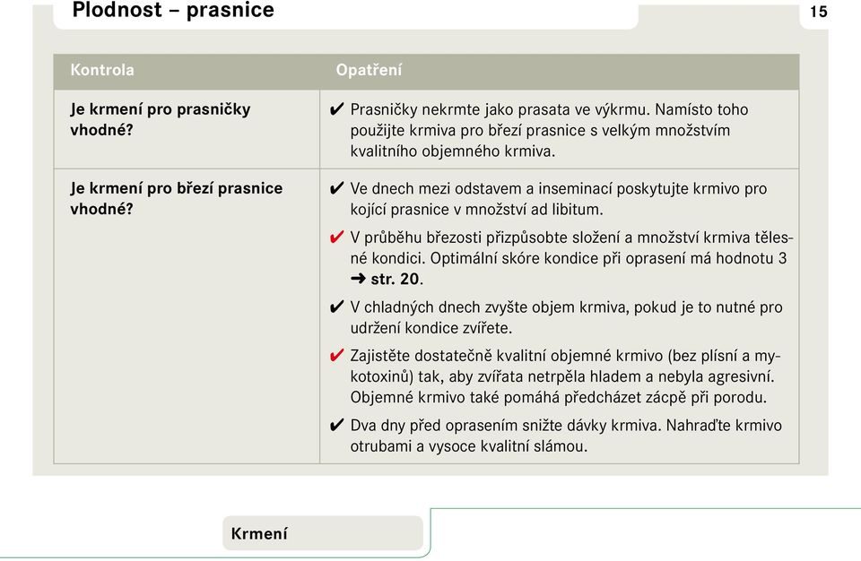 V průběhu březosti přizpůsobte složení a množství krmiva tělesné kondici. Optimální skóre kondice při oprasení má hodnotu 3 str. 20.