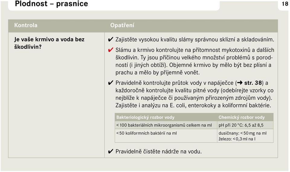 Objemné krmivo by mělo být bez plísní a prachu a mělo by příjemně vonět. Pravidelně kontrolujte průtok vody v napáječce ( str.