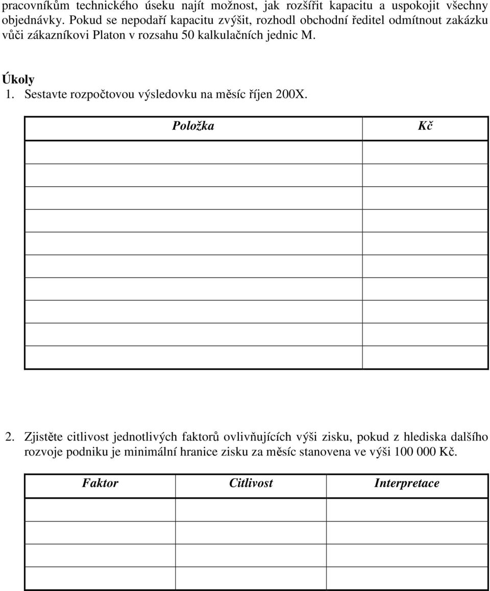 kalkulačních jednic M. Úkoly 1. Sestavte rozpočtovou výsledovku na měsíc říjen 200X. Kč 2.