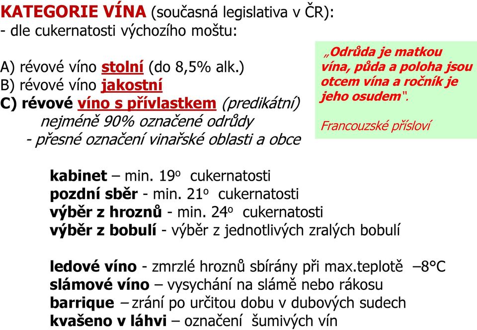 poloha jsou otcem vína a ročník je jeho osudem. Francouzské přísloví kabinet min. 19 o cukernatosti pozdní sběr - min. 21 o cukernatosti výběr z hroznů - min.