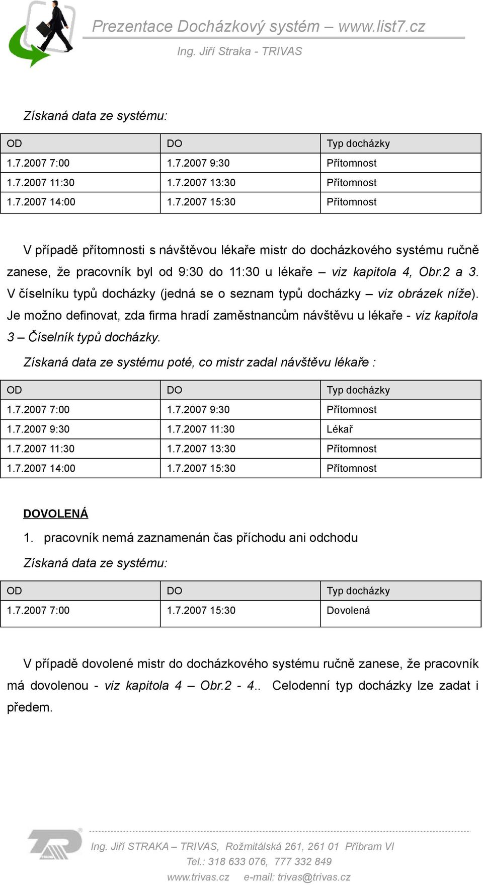 2 a 3. V číselníku typů docházky (jedná se o seznam typů docházky viz obrázek níže). Je možno definovat, zda firma hradí zaměstnancům návštěvu u lékaře - viz kapitola 3 Číselník typů docházky.