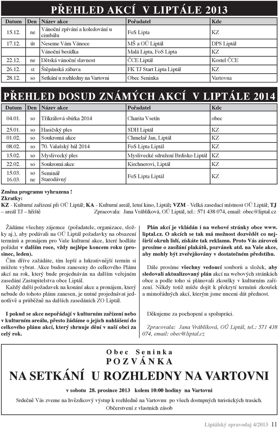 01. so Tříkrálová sbírka 2014 Charita Vsetín obec 25.01. so Hasičský ples SDH Liptál KZ 01.02. so Soukromá akce Chmelař Jan, Liptál KZ 08.02. so 70. Valašský bál 2014 FoS Lipta Liptál KZ 15.02. so Myslivecký ples Myslivecké sdružení Brdisko Liptál KZ 22.