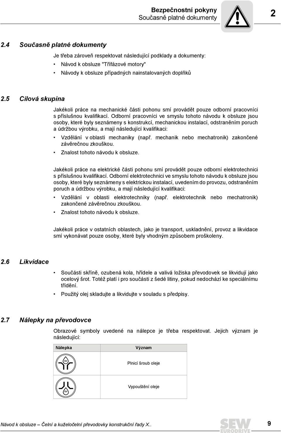 5 Cílová skupina Jakékoli práce na mechanické části pohonu smí provádět pouze odborní pracovníci spříslušnou kvalifikací.