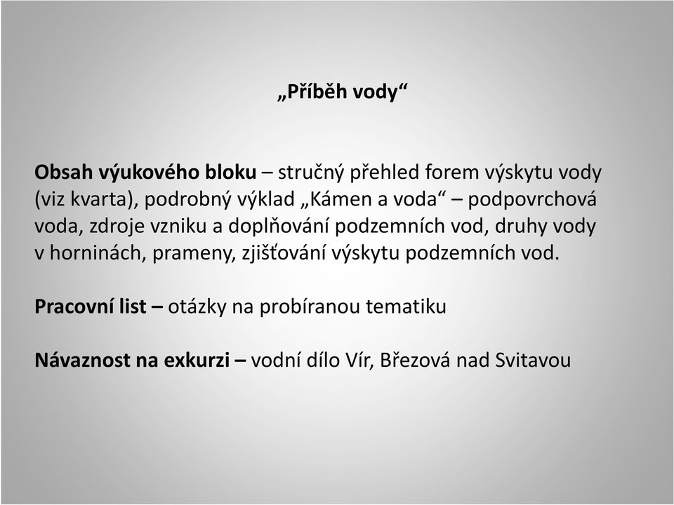 vod, druhy vody v horninách, prameny, zjišťování výskytu podzemních vod.