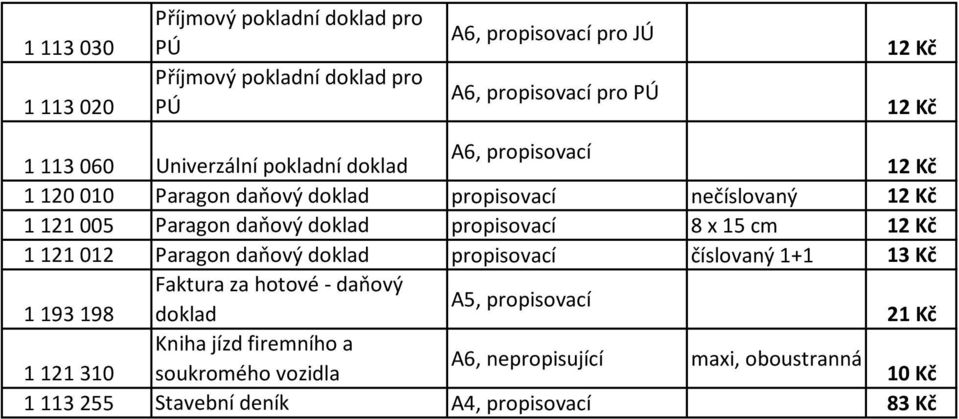 propisovací 8 x 15 cm 12 Kč 1 121 012 Paragon daňový doklad propisovací číslovaný 1+1 13 Kč Faktura za hotové - daňový A5, propisovací 1 193 198