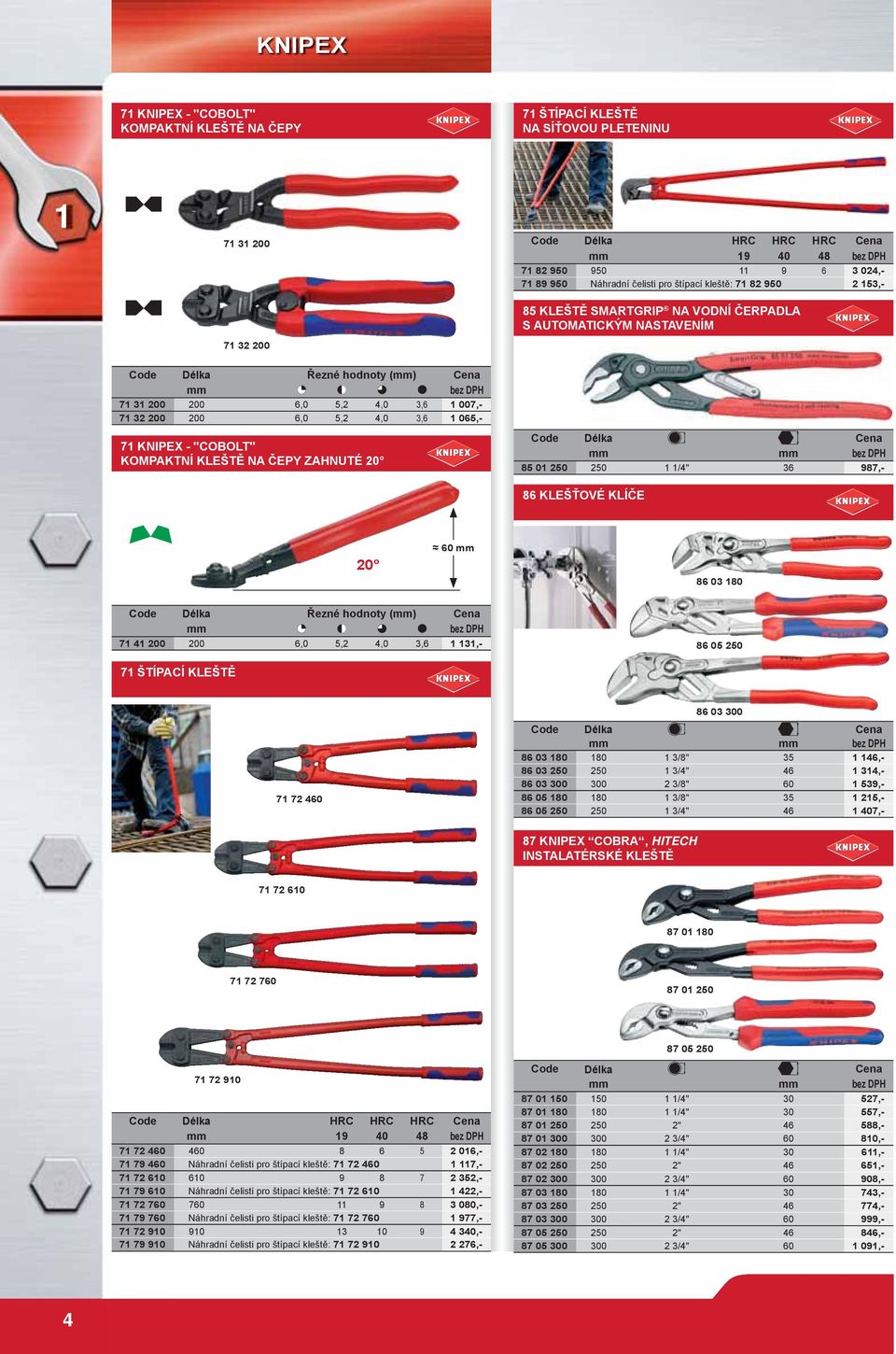 4,0 3,6 1 065,- 71 KNIPEX - "COBOLT" KOMPAKTNÍ KLEŠTĚ NA ČEPY ZAHNUTÉ 0 Code Délka Cena mm mm 85 01 50 50 1 1/4" 36 987,- 86 KLEŠŤOVÉ KLÍČE 0 60 mm 86 03 180 Code Délka Řezné hodnoty (mm) Cena mm 71