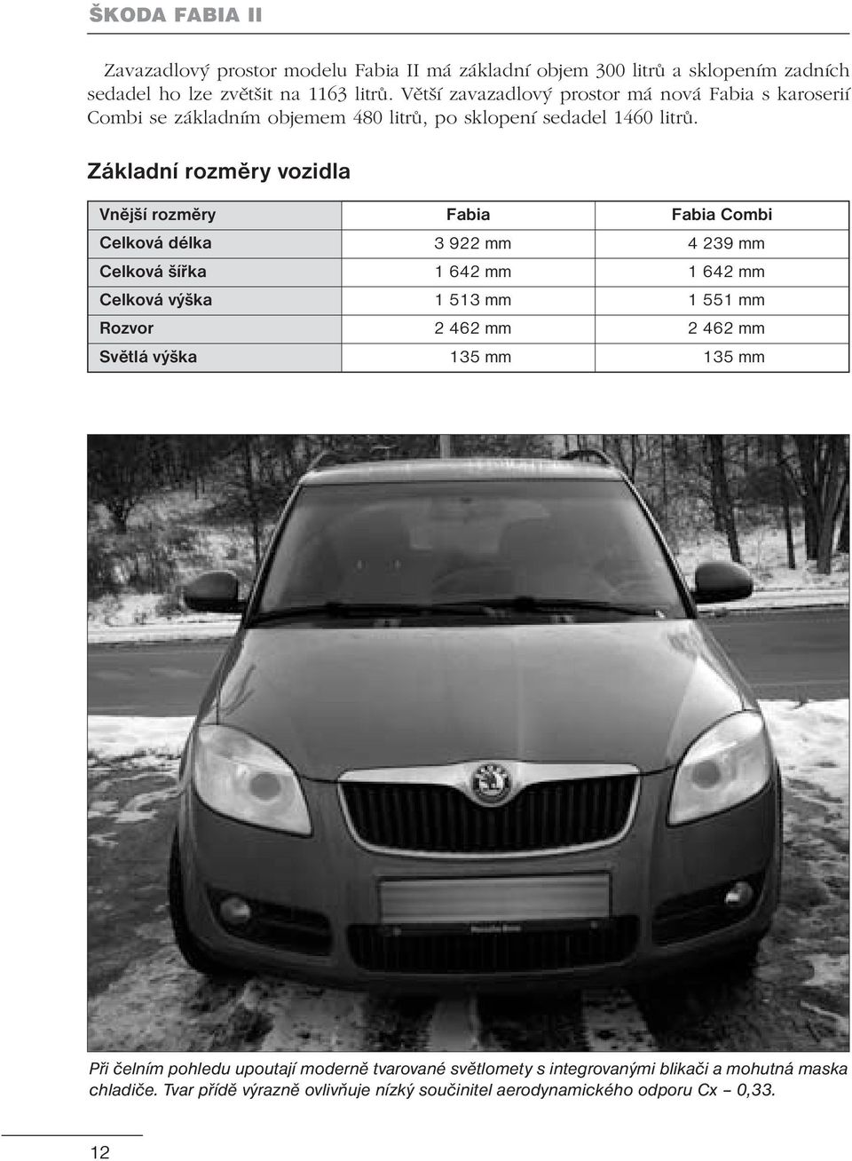 Základní rozměry vozidla Vnější rozměry Fabia Fabia Combi Celková délka 3 922 mm 4 239 mm Celková šířka 1 642 mm 1 642 mm Celková výška 1 513 mm 1 551 mm