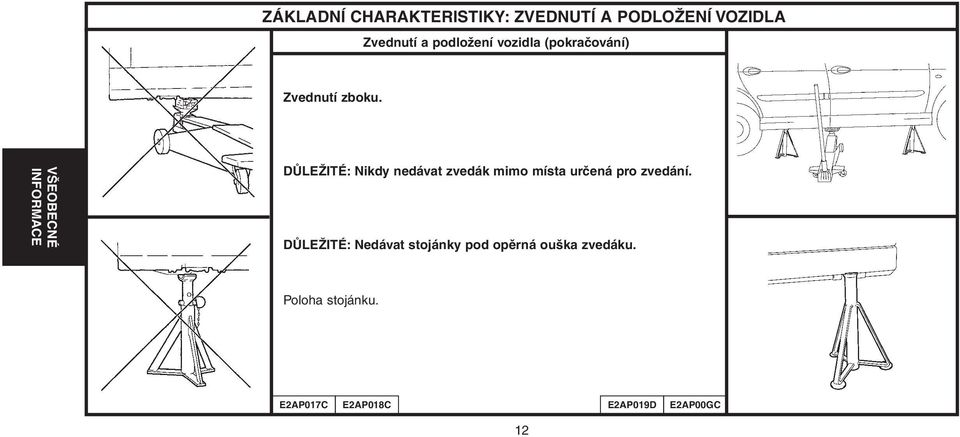 VŠEOBECNÉ INFORMACE DŮLEŽITÉ: Nikdy nedávat zvedák mimo místa určená pro