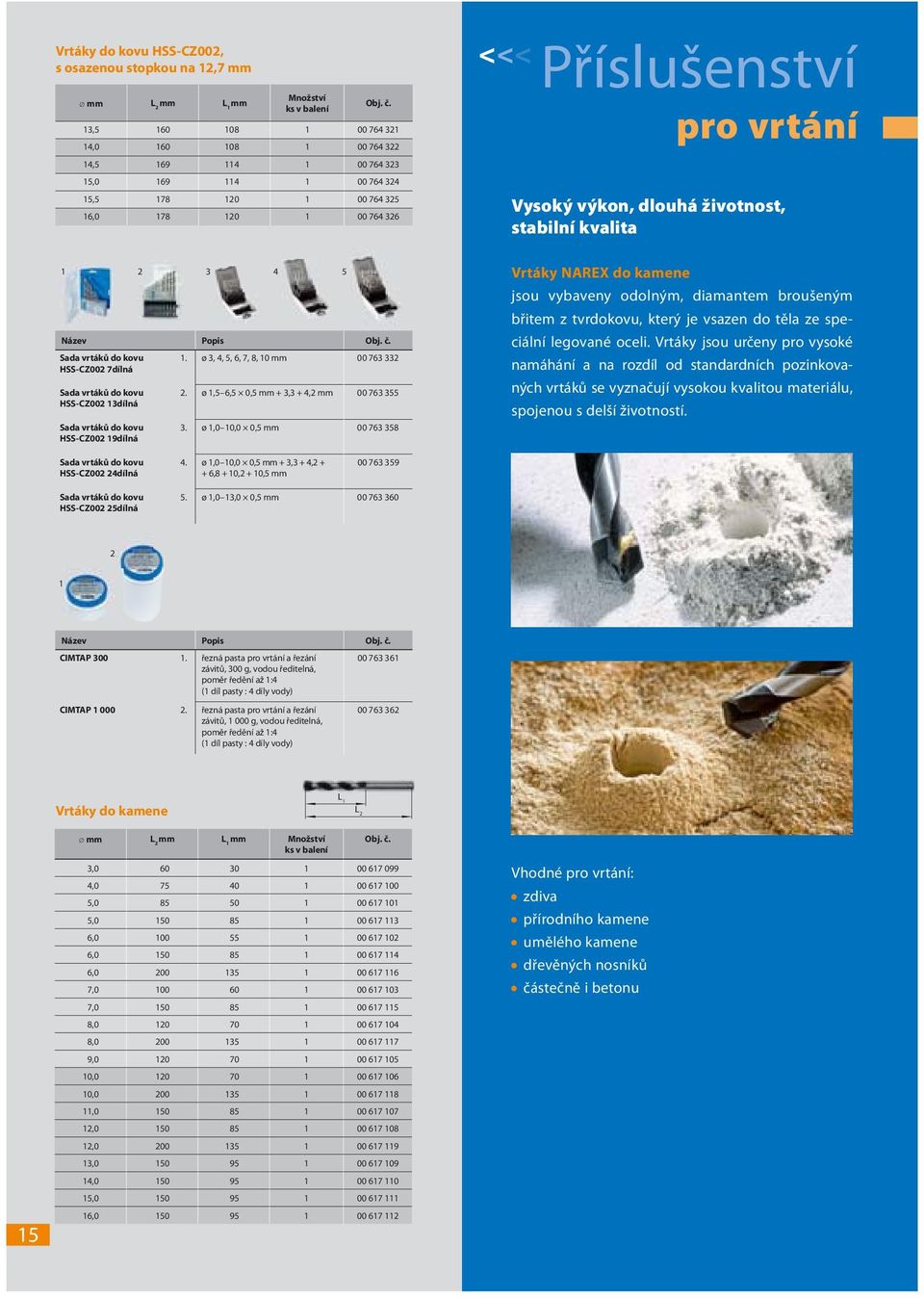 ø 3, 4, 5, 6, 7, 8, 10 mm 00 763 332 HSS-CZ002 7dílná Sada vrtáků do kovu HSS-CZ002 13dílná Sada vrtáků do kovu HSS-CZ002 19dílná 3 4 2. ø 1,5 6,5 0,5 mm + 3,3 + 4,2 mm 00 763 355 3.