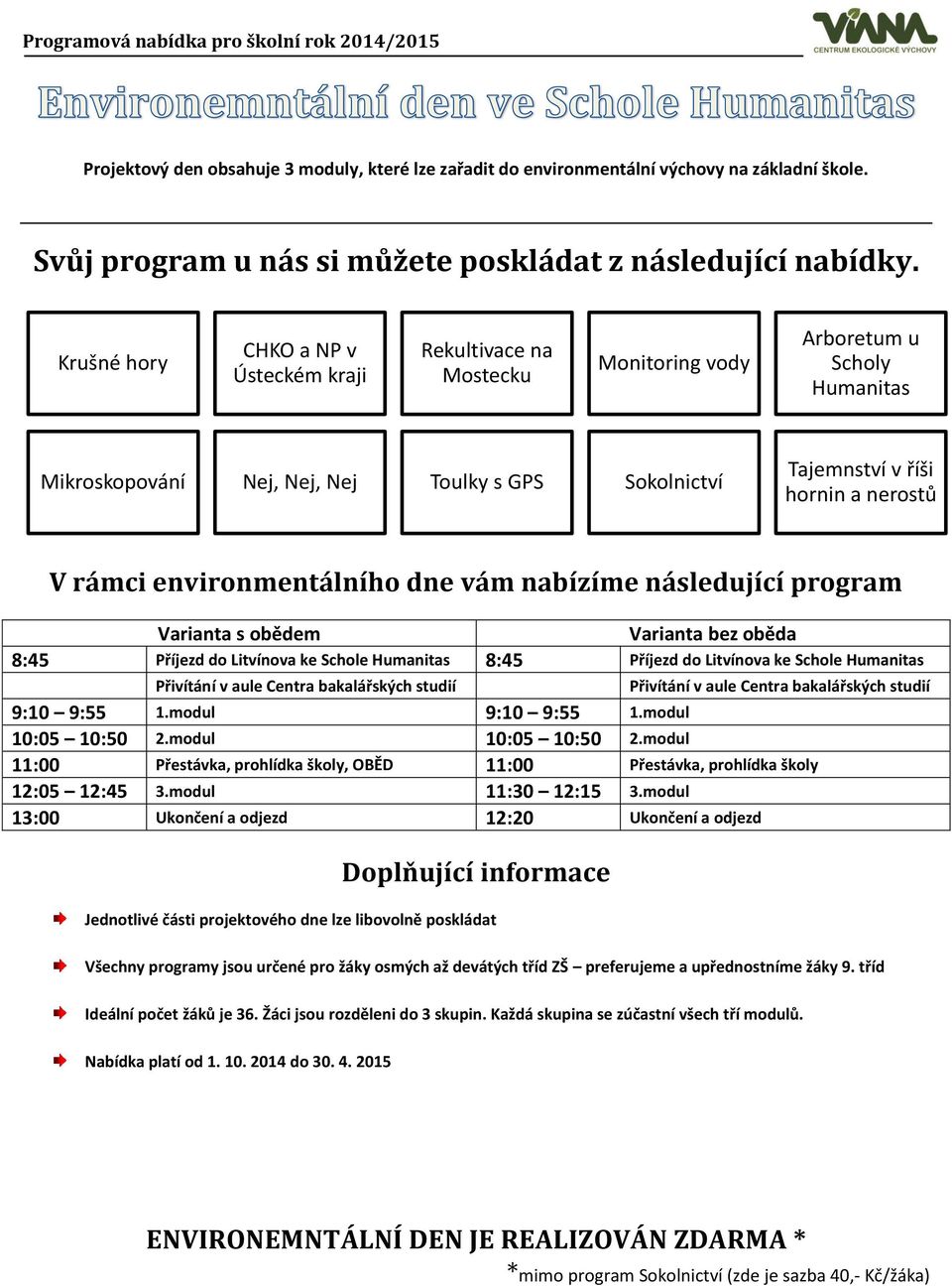 rámci environmentálního dne vám nabízíme následující program Varianta s obědem Varianta bez oběda 8:45 Příjezd do Litvínova ke Schole Humanitas 8:45 Příjezd do Litvínova ke Schole Humanitas Přivítání