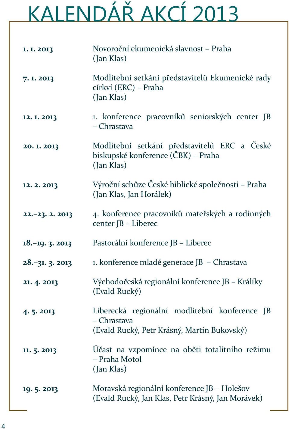 konference (ČBK) Praha (Jan Klas) Výroční schůze České biblické společnosti Praha (Jan Klas, Jan Horálek) 4 konference pracovníků mateřských a rodinných center JB Liberec Pastorální konference JB