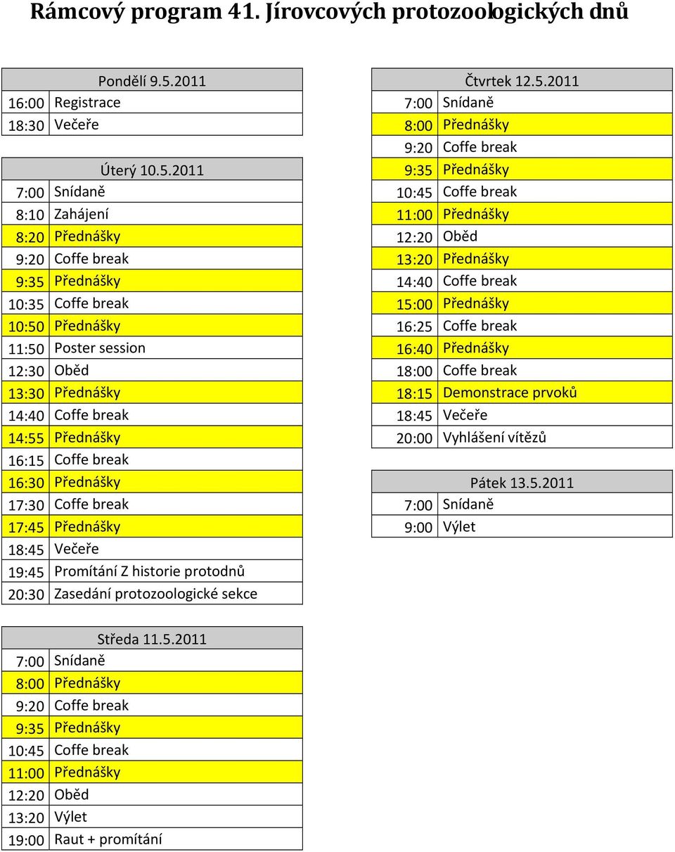 2011 16:00 Registrace 7:00 Snídaně 18:30 Večeře 8:00 Přednášky 9:20 Coffe break Úterý 10.5.