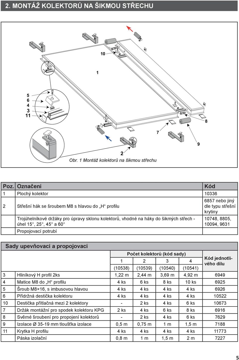 Propojovací potrubí Kód 6857 nebo jiný dle typu střešní krytiny 10748, 8805, 10094, 9631 Sady upevňovací a propojovací Počet kolektorů (kód sady) Kód jednotlivého dílu 1 2 3 4 (10538) (10539) (10540)