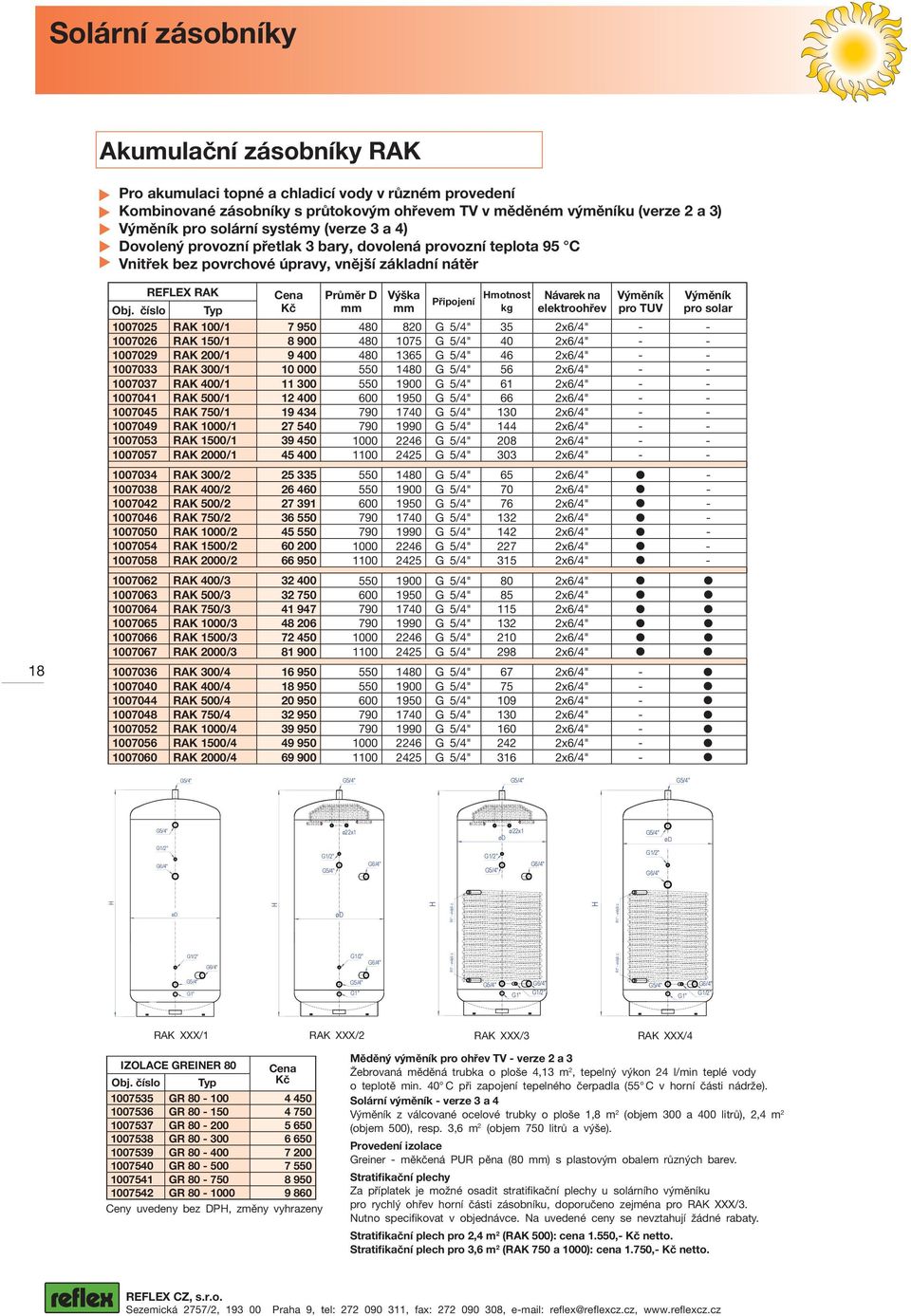číslo REFLEX RAK Typ Cena Kč Průměr D mm Výška mm Připojení Hmotnost kg Návarek na elektroohřev Výměník pro TUV Výměník pro solar 1007025 RAK 100/1 7 950 480 820 G 5/4" 35 2x6/4" - - 1007026 RAK