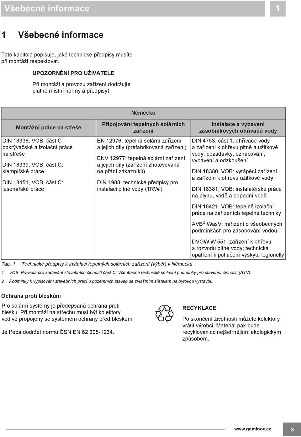 za ízení EN 976: tepelná solární za ízení a jejich díly (prefabrikovaná za ízení) ENV 977: tepelná solární za ízení a jejich díly (za ízení zhotovovaná na p ání zákazník ) DIN 988: technické p edpisy