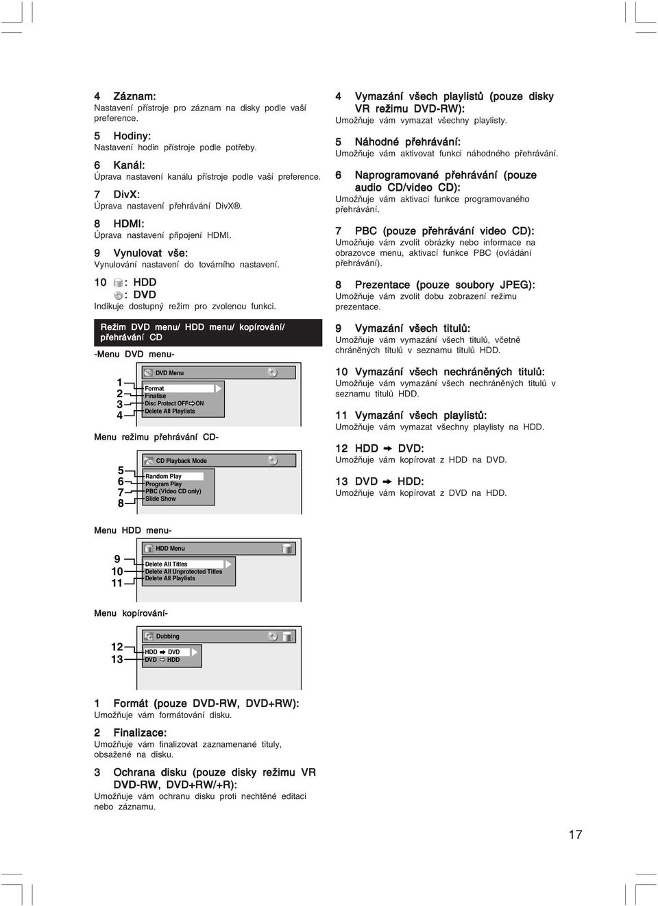 Režim DVD menu/ menu/ kopírování/ přehrávání CD -Menu DVD menu- 1 2 3 4 5 6 7 8 DVD Menu Format Finalise Disc Protect OFF ON Delete All Playlists Menu režimu přehrávání CD- CD Playback Mode Random