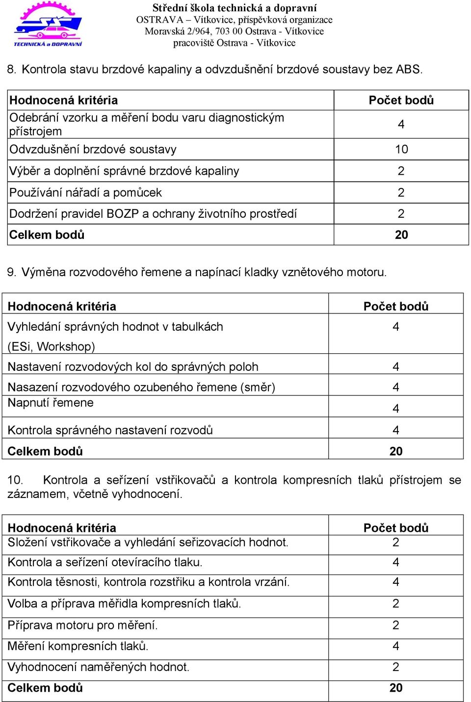 Dodržení pravidel BOZP a ochrany životního prostředí 2 Celkem bodů 20 4 9. Výměna rozvodového řemene a napínací kladky vznětového motoru.