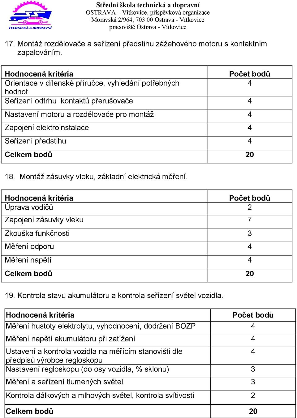 4 Seřízení předstihu 4 Celkem bodů 20 18. Montáž zásuvky vleku, základní elektrická měření.