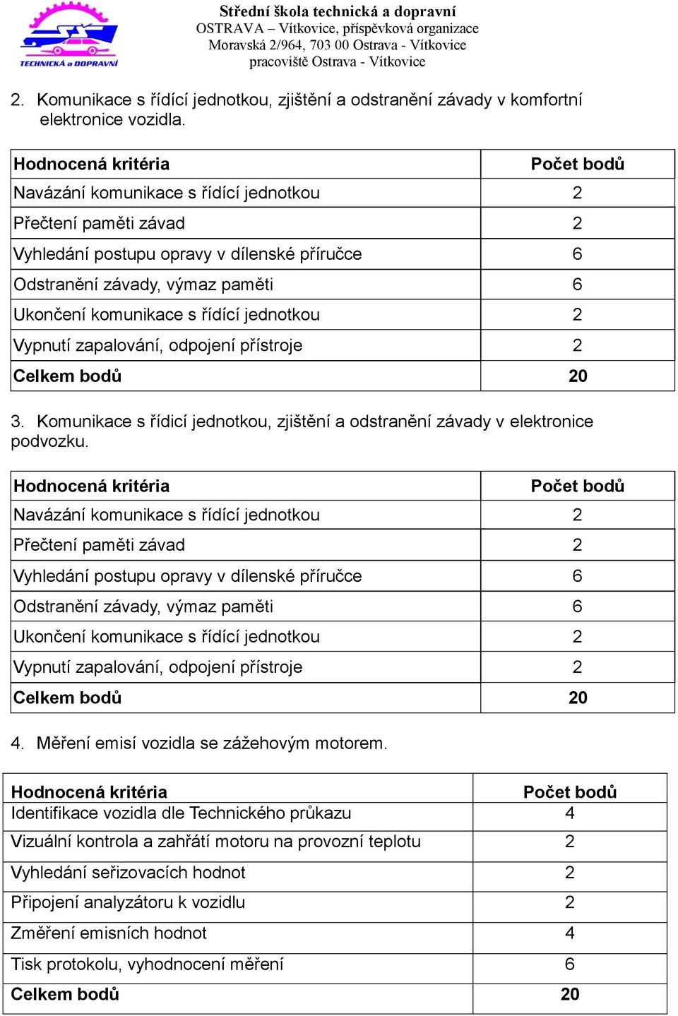 řídící jednotkou 2 Vypnutí zapalování, odpojení přístroje 2 Celkem bodů 20 3. Komunikace s řídicí jednotkou, zjištění a odstranění závady v elektronice podvozku.