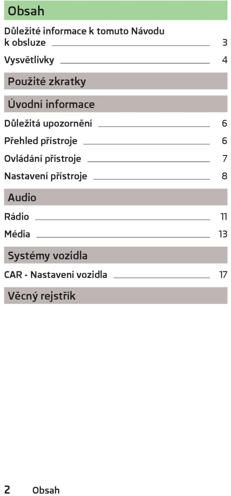 přístroje 6 Ovládání přístroje 7 Nastavení přístroje 8 Audio Rádio