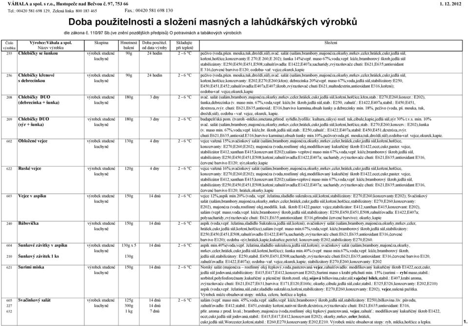 (ve znění pozdějších předpisů) O potravinách a tabákových výrobcích Číslo Výrobce:Váhala a spol. Skupina Hmotnost Doba použitel.