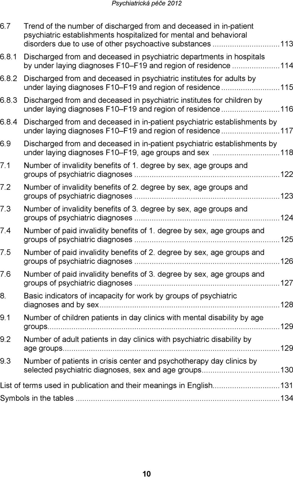.. 115 6.8.3 Discharged from and deceased in psychiatric institutes for children by under laying diagnoses F10 F19 and region of residence... 116 6.8.4 Discharged from and deceased in in-patient psychiatric establishments by under laying diagnoses F10 F19 and region of residence.