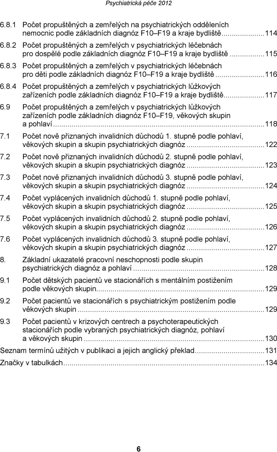 .. 117 6.9 Počet propuštěných a zemřelých v psychiatrických lůžkových zařízeních podle základních diagnóz F10 F19, věkových skupin a pohlaví... 118 7.1 Počet nově přiznaných invalidních důchodů 1.