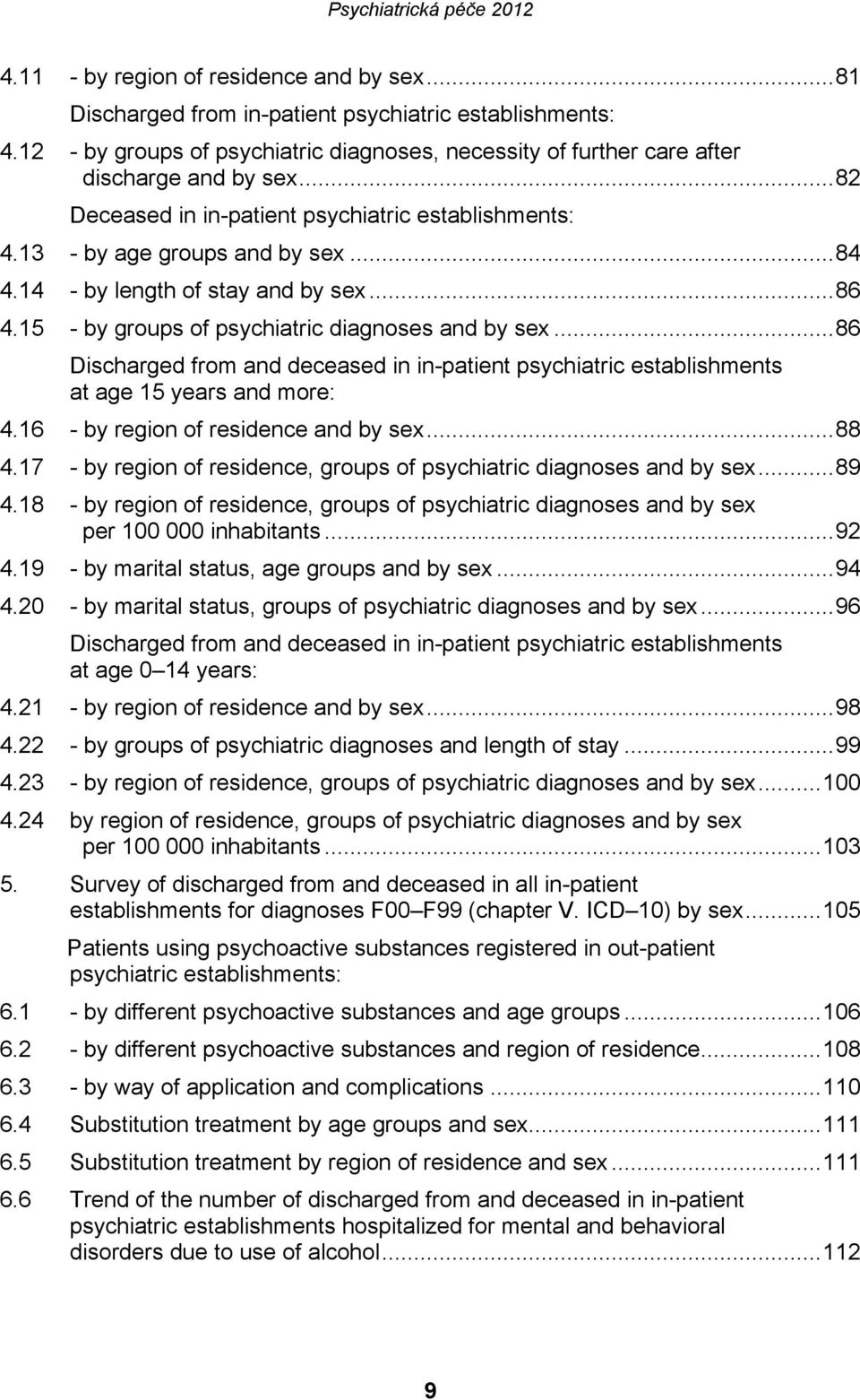 .. 86 Discharged from and deceased in in-patient psychiatric establishments at age 15 years and more: 4.16 - by region of residence and by sex... 88 4.