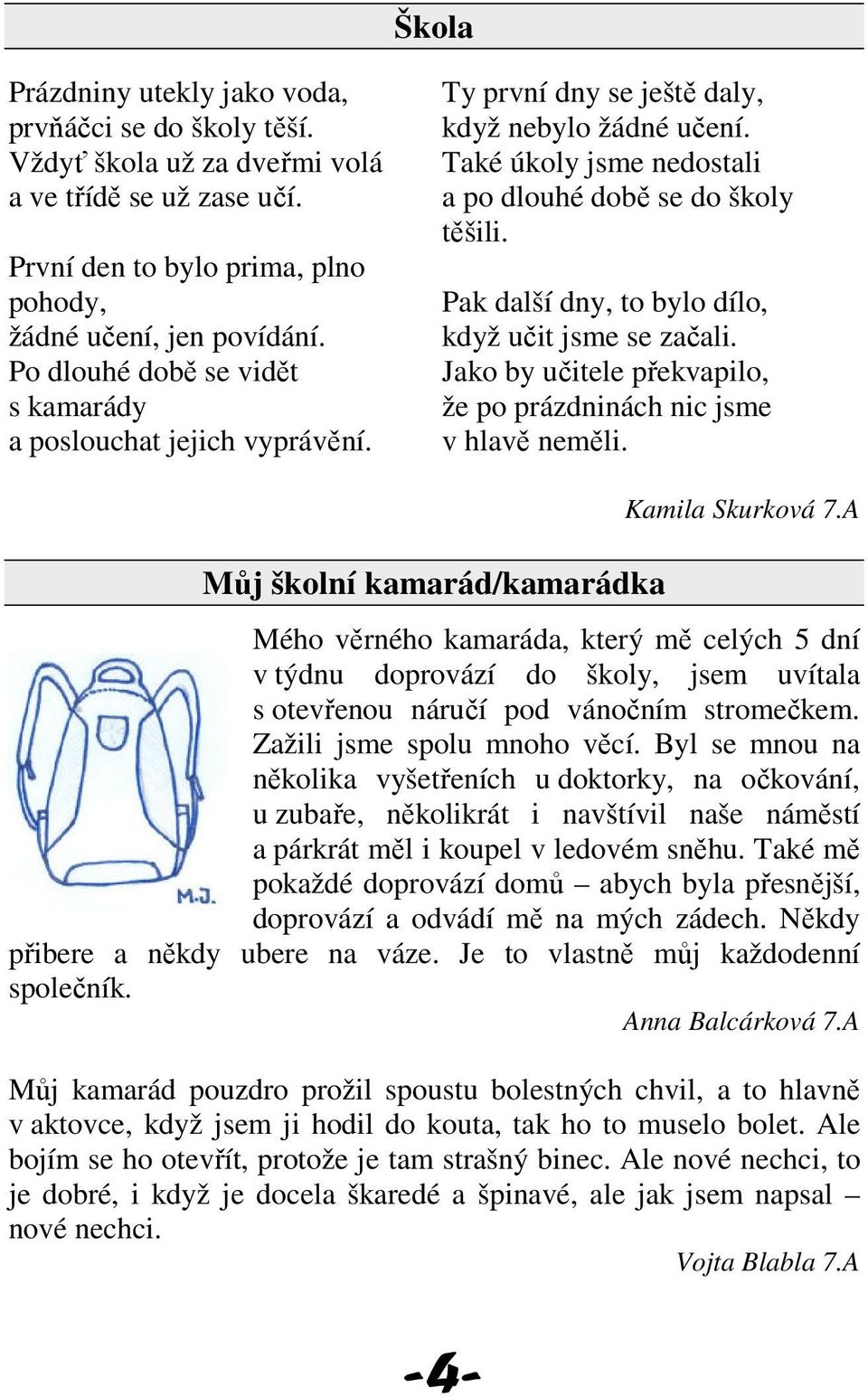 Pak další dny, to bylo dílo, když učit jsme se začali. Jako by učitele překvapilo, že po prázdninách nic jsme v hlavě neměli. Můj školní kamarád/kamarádka Kamila Skurková 7.