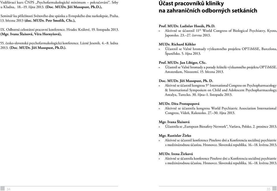 česko-slovenská psychofarmakologická konference. Lázně Jeseník. 4. 8. ledna 2013. (Doc. MUDr. Jiří Masopust, Ph.D.). Účast pracovníků kliniky na zahraničních odborných setkáních Prof. MUDr. Ladislav Hosák, Ph.