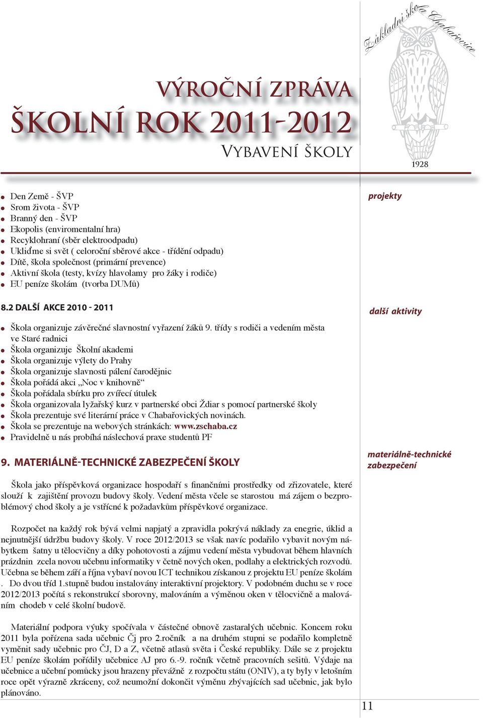 třídy s rodiči a vedením města ve Staré radnici Škola organizuje Školní akademi Škola organizuje výlety do Prahy Škola organizuje slavnosti pálení čarodějnic Škola pořádá akci Noc v knihovně Škola