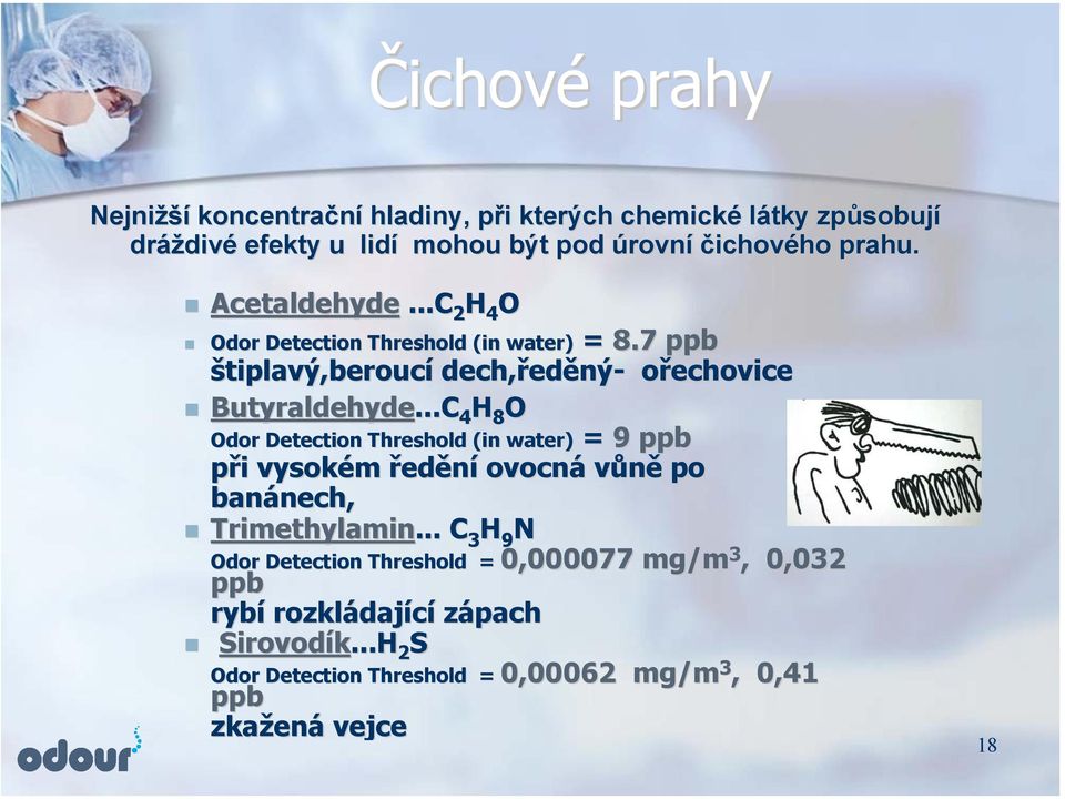 ..C 4 H 8 O Odor Detection Threshold (in water) = 9 ppb při vysokém ředění ovocná vůně po banánech, Trimethylamin.