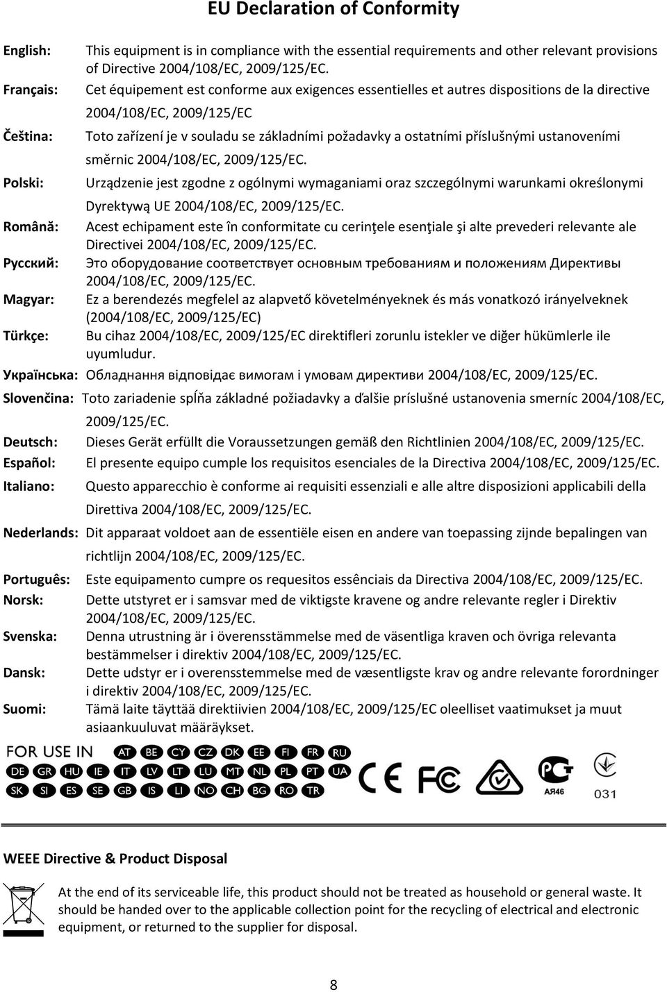 ustanoveními směrnic 2004/108/EC, 2009/125/EC. Urządzenie jest zgodne z ogólnymi wymaganiami oraz szczególnymi warunkami określonymi Dyrektywą UE 2004/108/EC, 2009/125/EC.