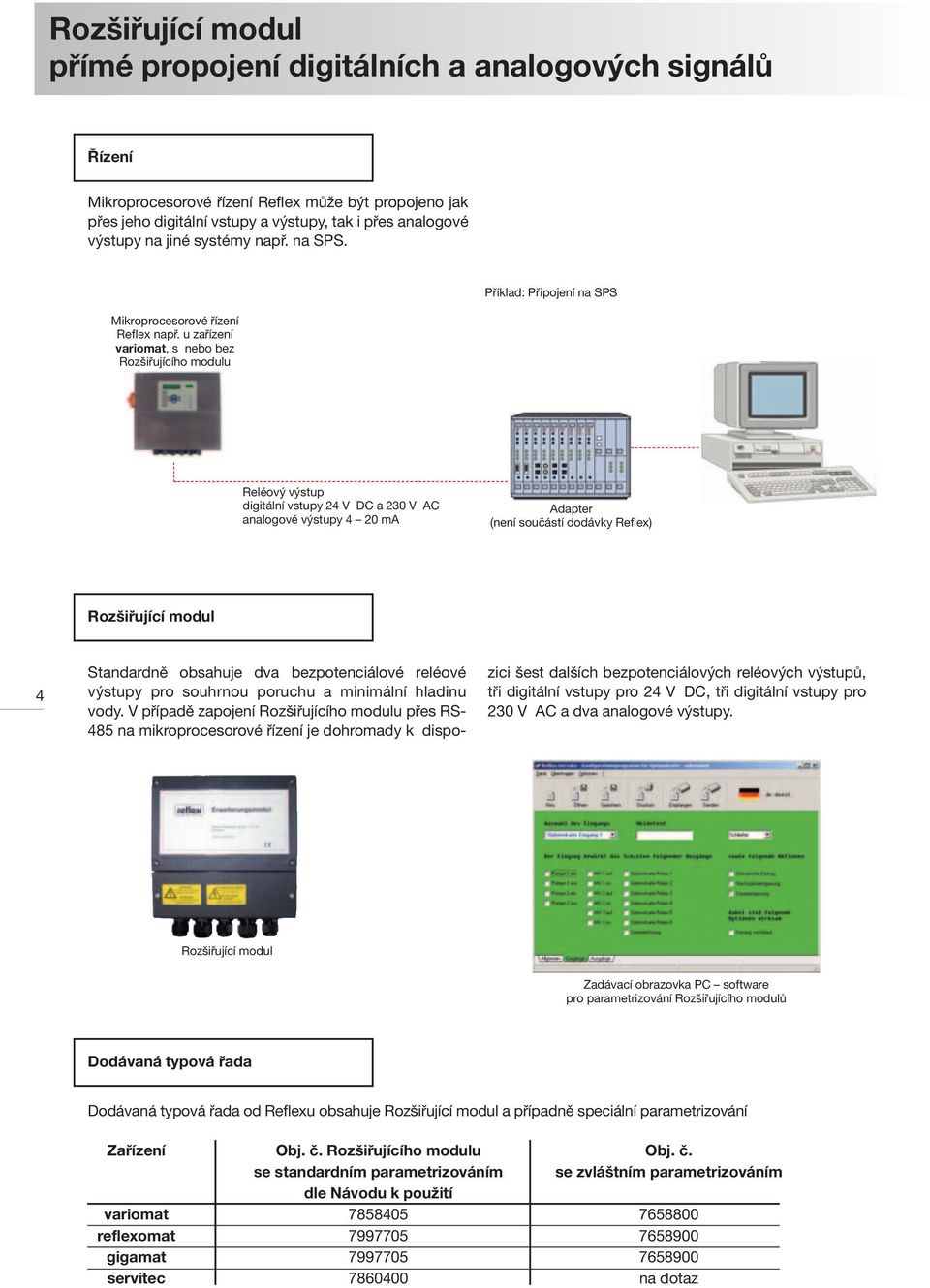 u zařízení variomat, s nebo bez Rozšiřujícího modulu Příklad: Připojení na SPS Reléový výstup digitální vstupy 24 V DC a 230 V AC analogové výstupy 4 20 ma Adapter (není součástí dodávky Reflex)