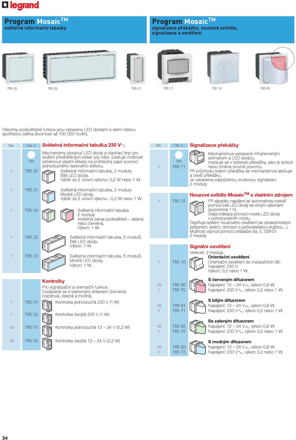 Světelná informační tabulka 230 V± Mechanismy obsahují LED diody a otevírací kryt pro vložení předtištěných etiket (viz níže).