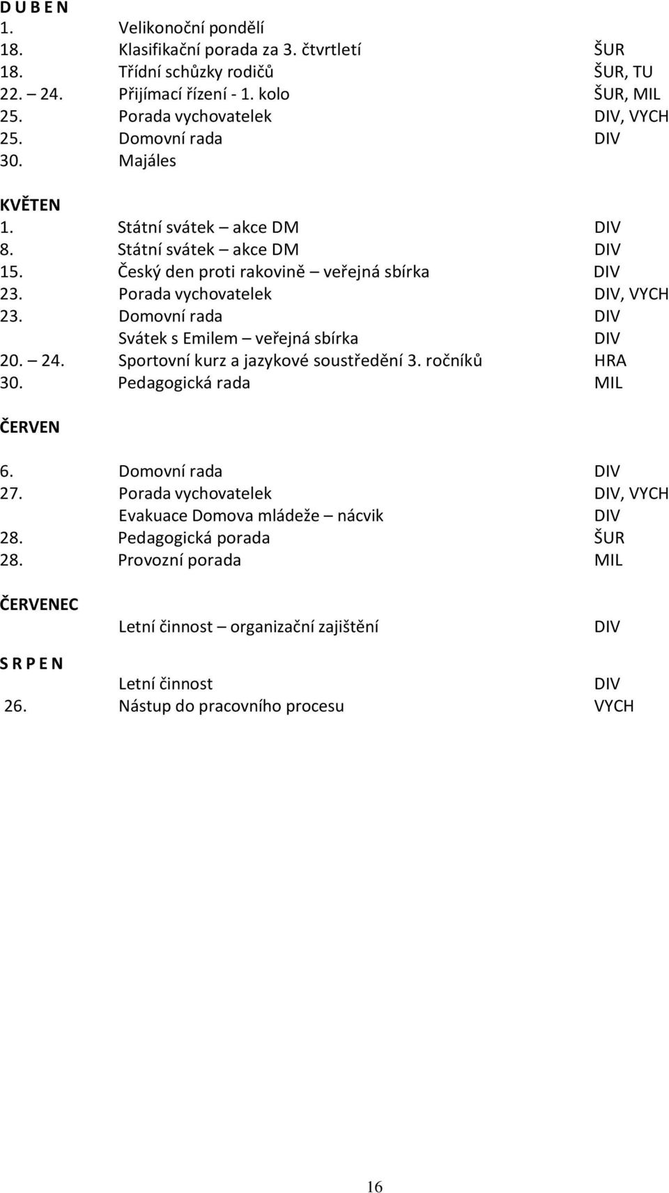 Domovní rada DIV Svátek s Emilem veřejná sbírka DIV 20. 24. Sportovní kurz a jazykové soustředění 3. ročníků HRA 30. Pedagogická rada MIL ČERVEN 6. Domovní rada DIV 27.
