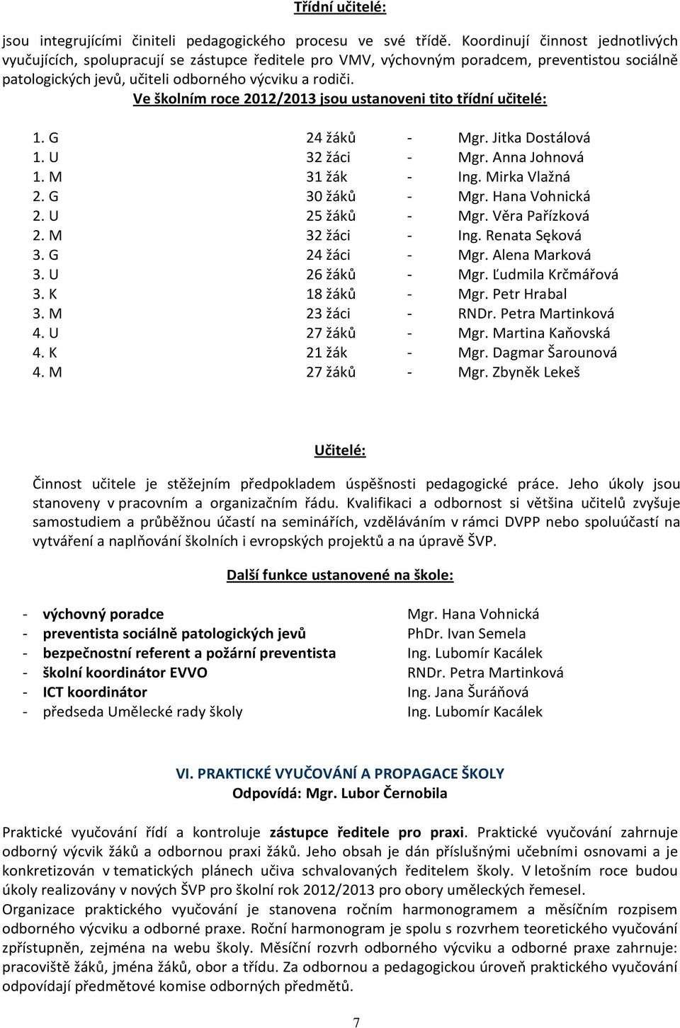 Ve školním roce 2012/2013 jsou ustanoveni tito třídní učitelé: 1. G 24 žáků - Mgr. Jitka Dostálová 1. U 32 žáci - Mgr. Anna Johnová 1. M 31 žák - Ing. Mirka Vlažná 2. G 30 žáků - Mgr. Hana Vohnická 2.