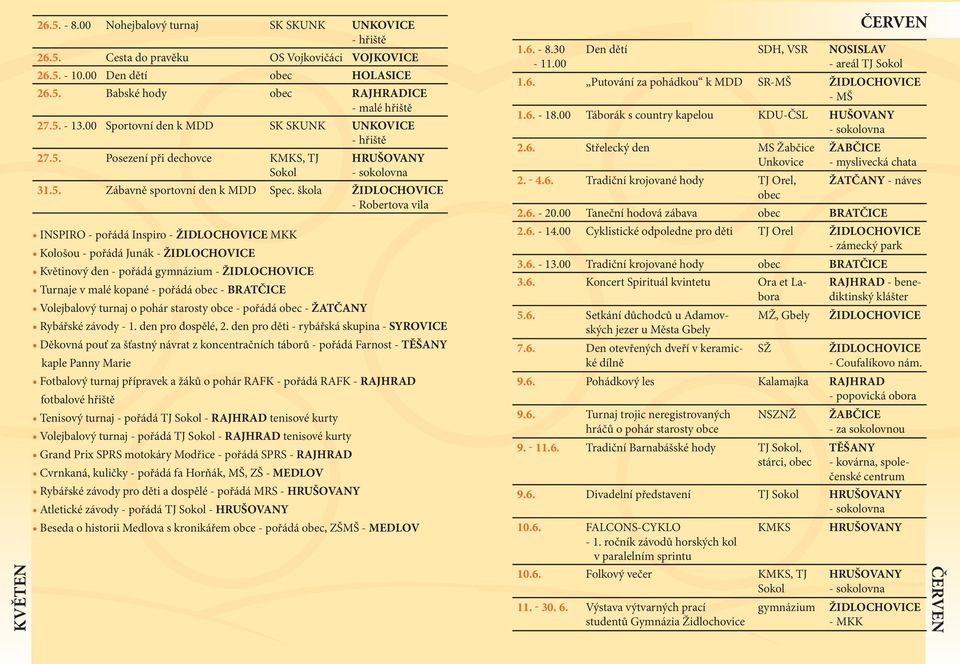 škola - Robertova vila INSPIRO - pořádá Inspiro - MKK Kološou - pořádá Junák - Květinový den - pořádá gymnázium - Turnaje v malé kopané - pořádá - BRATČICE Volejbalový turnaj o pohár starosty obce -
