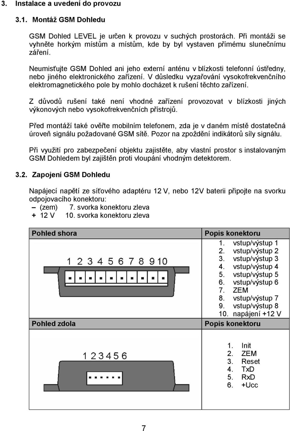 Neumisťujte GSM Dohled ani jeho externí anténu v blízkosti telefonní ústředny, nebo jiného elektronického zařízení.