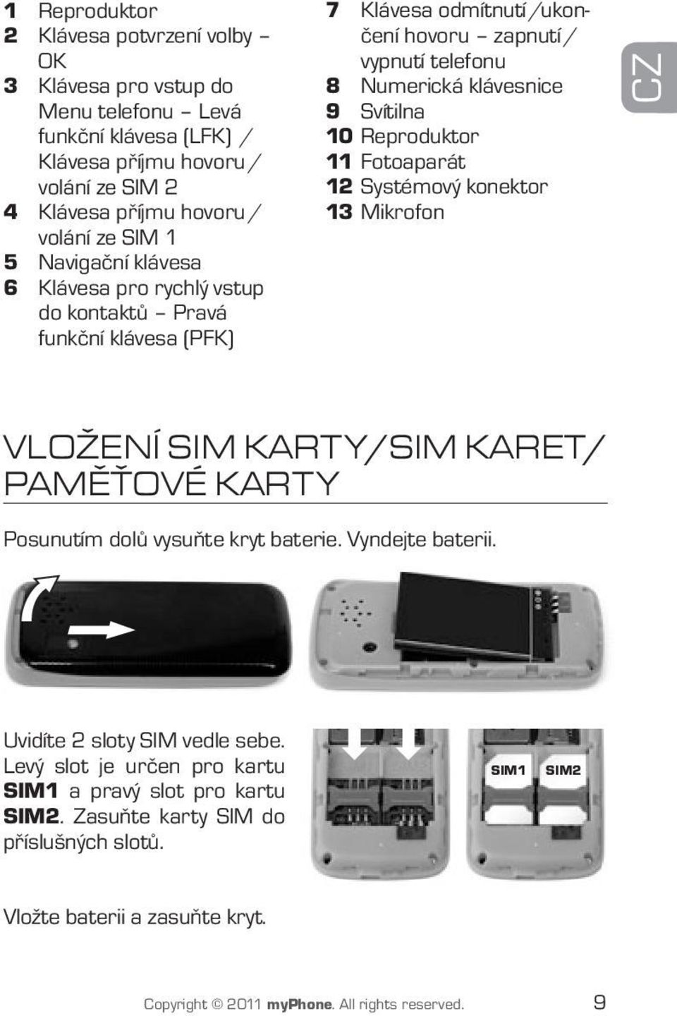 Reproduktor 11 Fotoaparát 12 Systémový konektor 13 Mikrofon CZ VLOŽENÍ SIM KARTY/SIM KARET/ PAMĚŤOVÉ KARTY Posunutím dolů vysuňte kryt baterie. Vyndejte baterii.