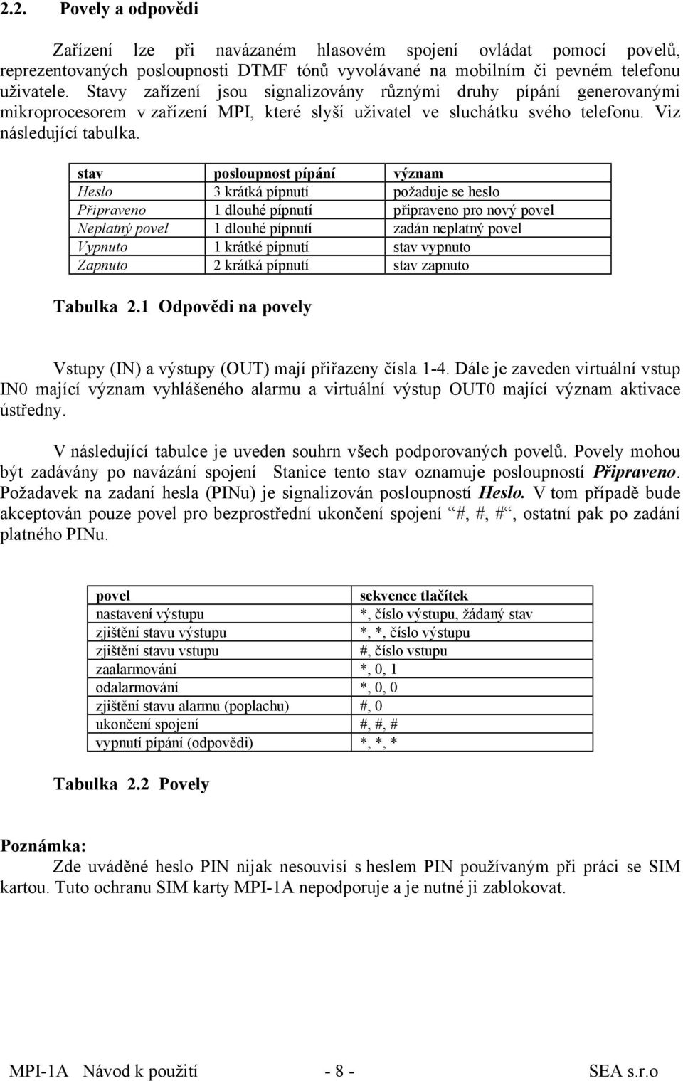 stav posloupnost pípání význam Heslo 3 krátká pípnutí požaduje se heslo Připraveno 1 dlouhé pípnutí připraveno pro nový povel Neplatný povel 1 dlouhé pípnutí zadán neplatný povel Vypnuto 1 krátké