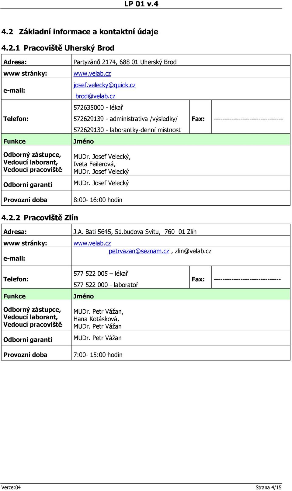 Josef Velecký MUDr. Josef Velecký 8:00-16:00 hodin Fax: ------------------------------- 4.2.2 Pracoviště Zlín Adresa: www stránky: e-mail: J.A. Bati 5645, 51.budova Svitu, 760 01 Zlín www.velab.